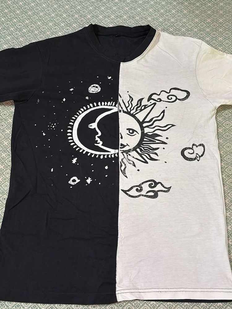 Oversized T-shirt with Split Half Black White Sun