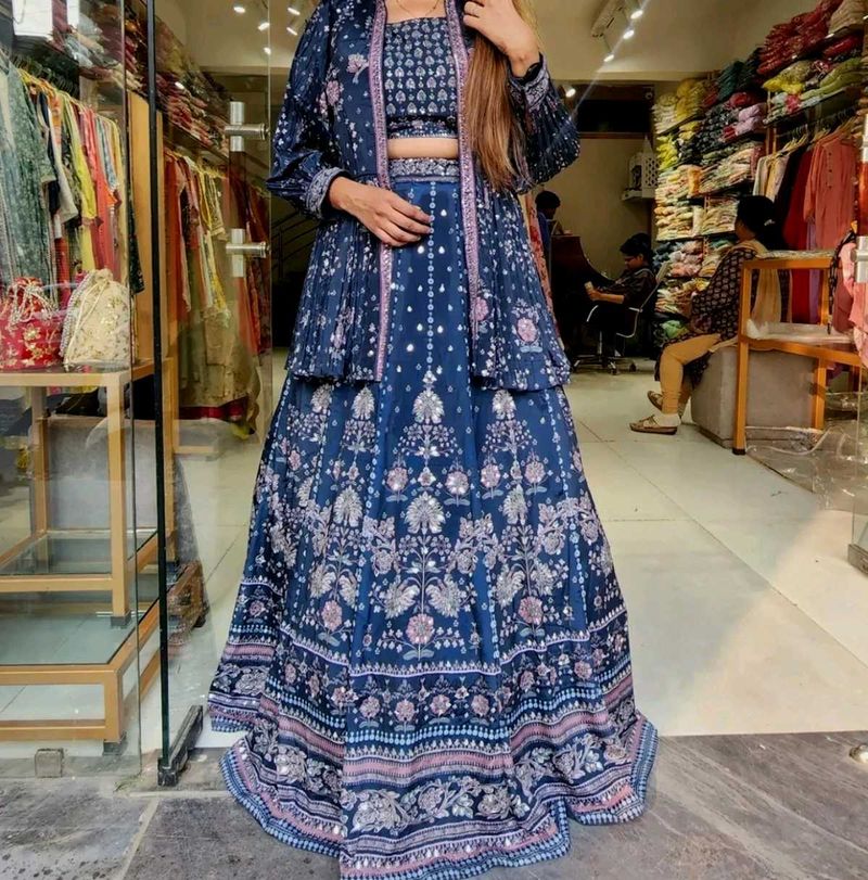 Elegant Navy Blue Kurta Set with Mirror Work