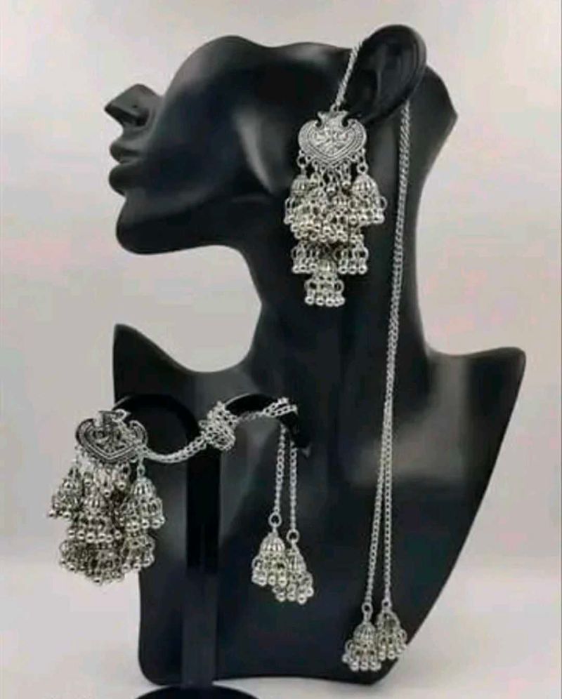 Oxidized Silver Jhumki  Long chain Jewellery Set