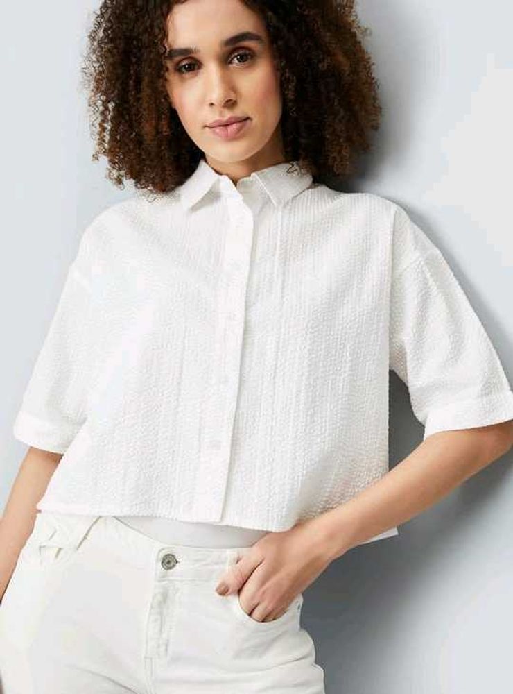 Textured White Collared Shirt