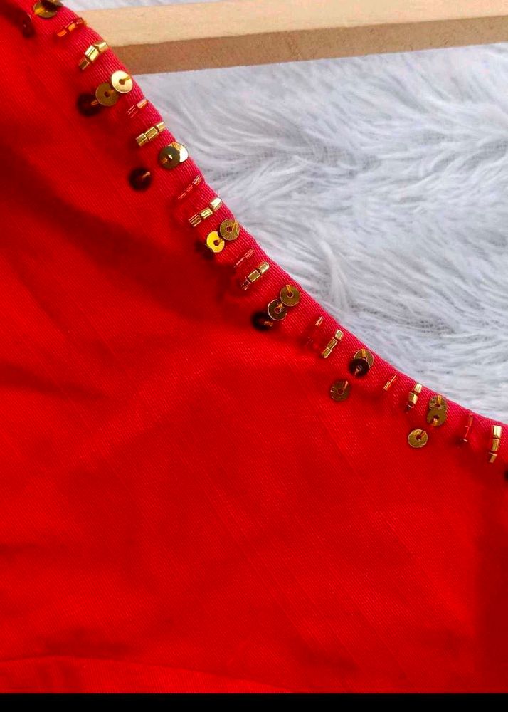 Red embellished half saree set or dhavani