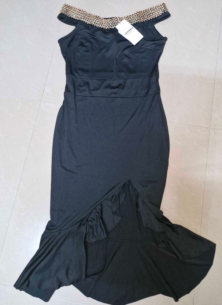 Elegant Black Embellished Off-Shoulder Dress