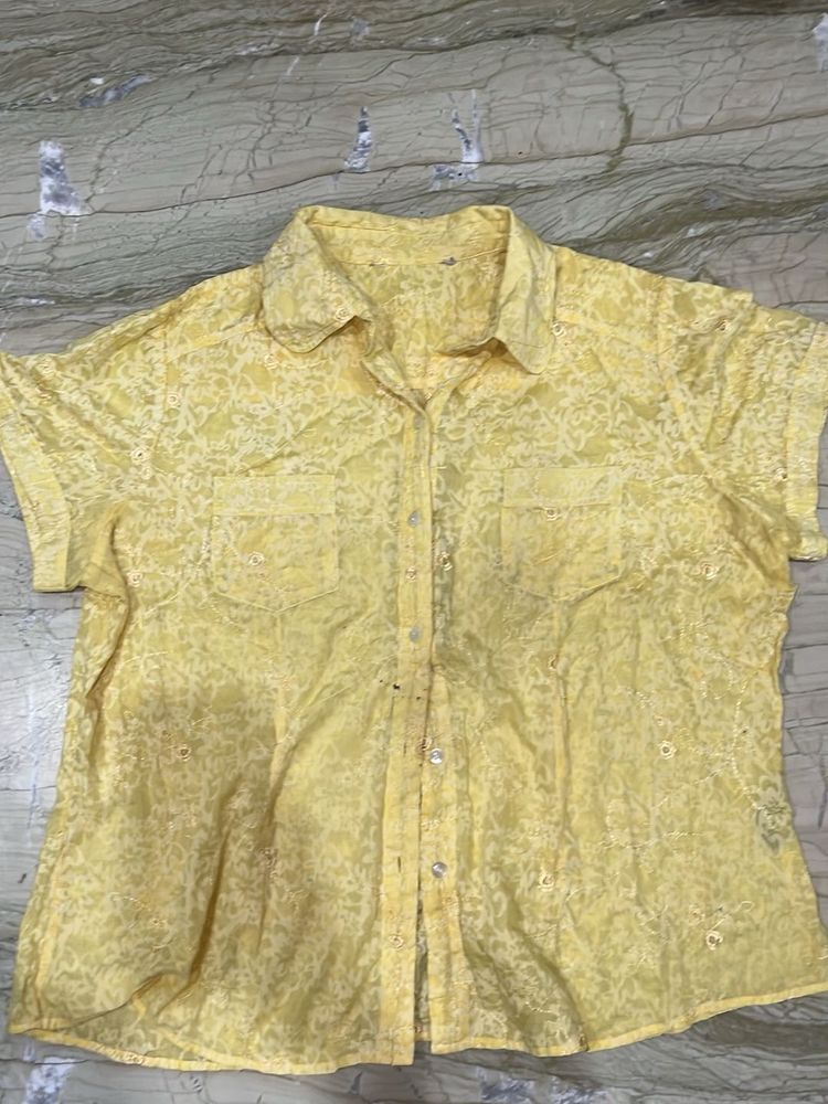 Yellow Embroidered Short Sleeve Blouse