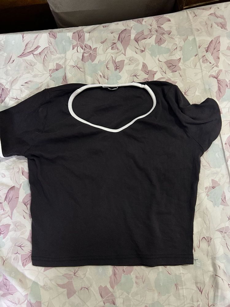 Black Cropped T-Shirt with White Trim