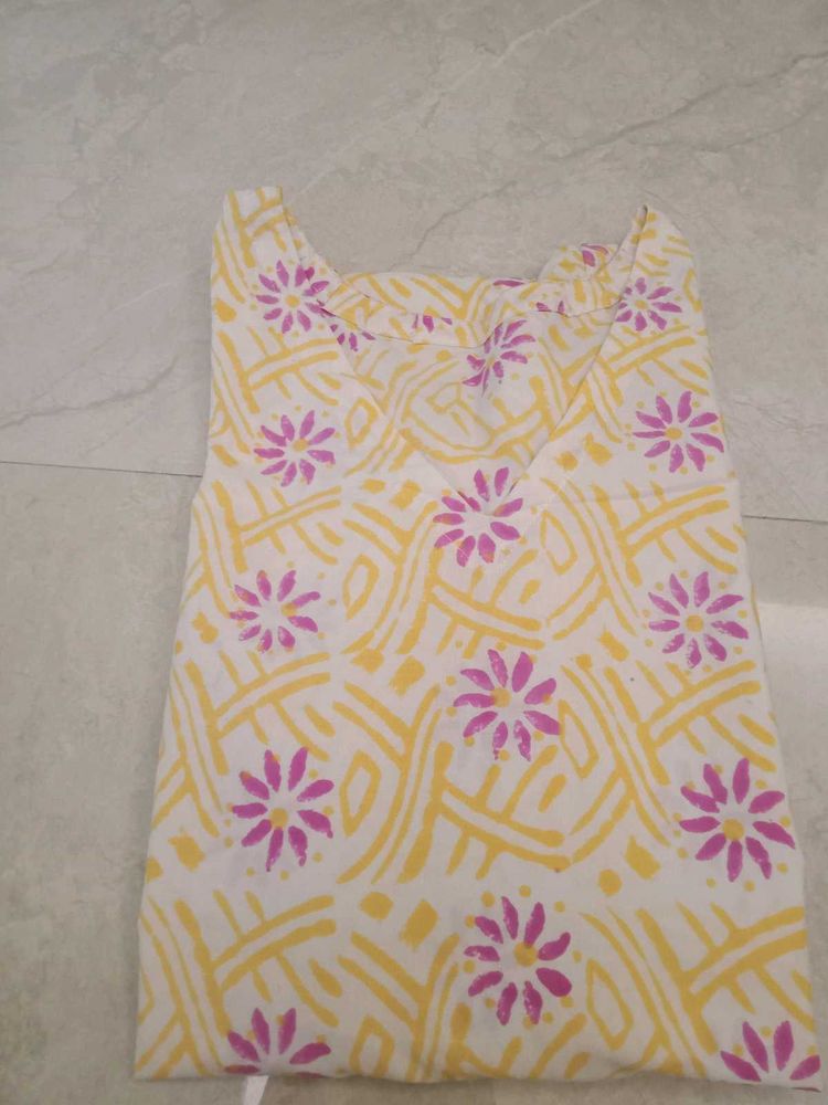 White Kurta with Yellow &amp; Pink Print