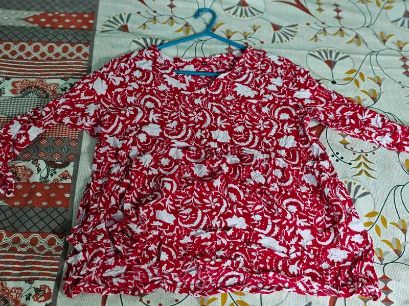 Red &amp; White Block Print Kurta