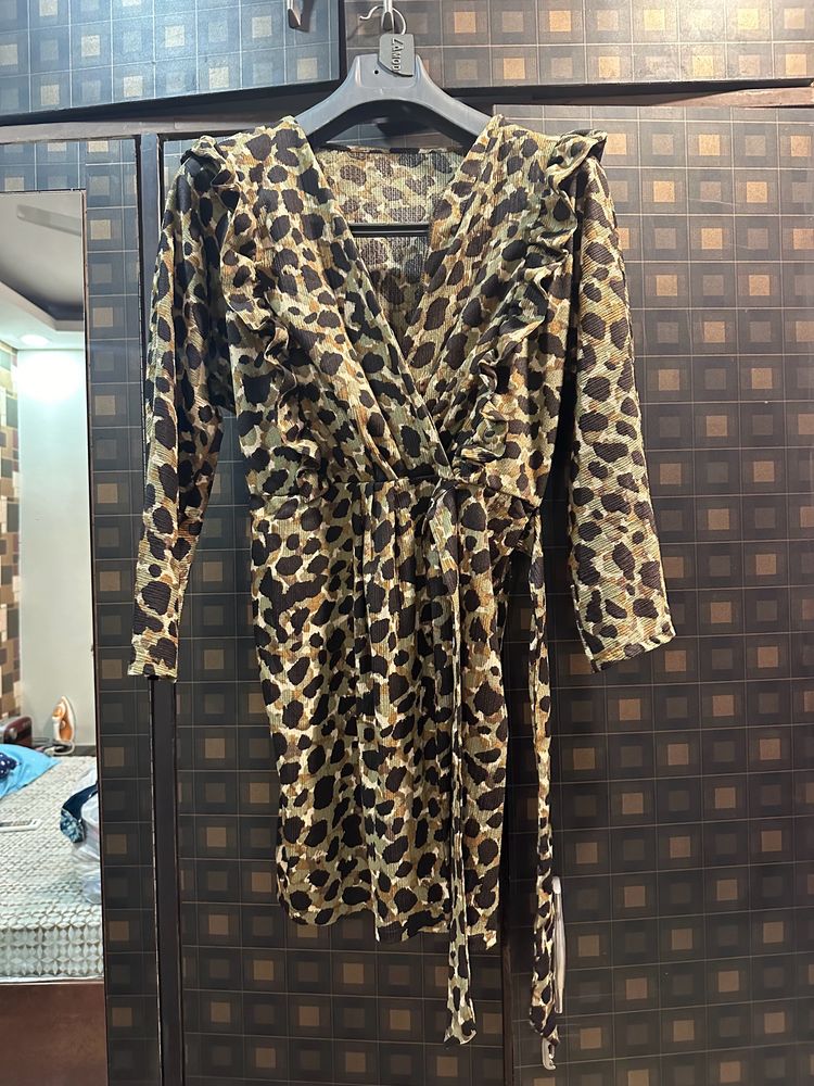 MANGO Ruffle Leopard Wrap Dress Green &amp; Taupe