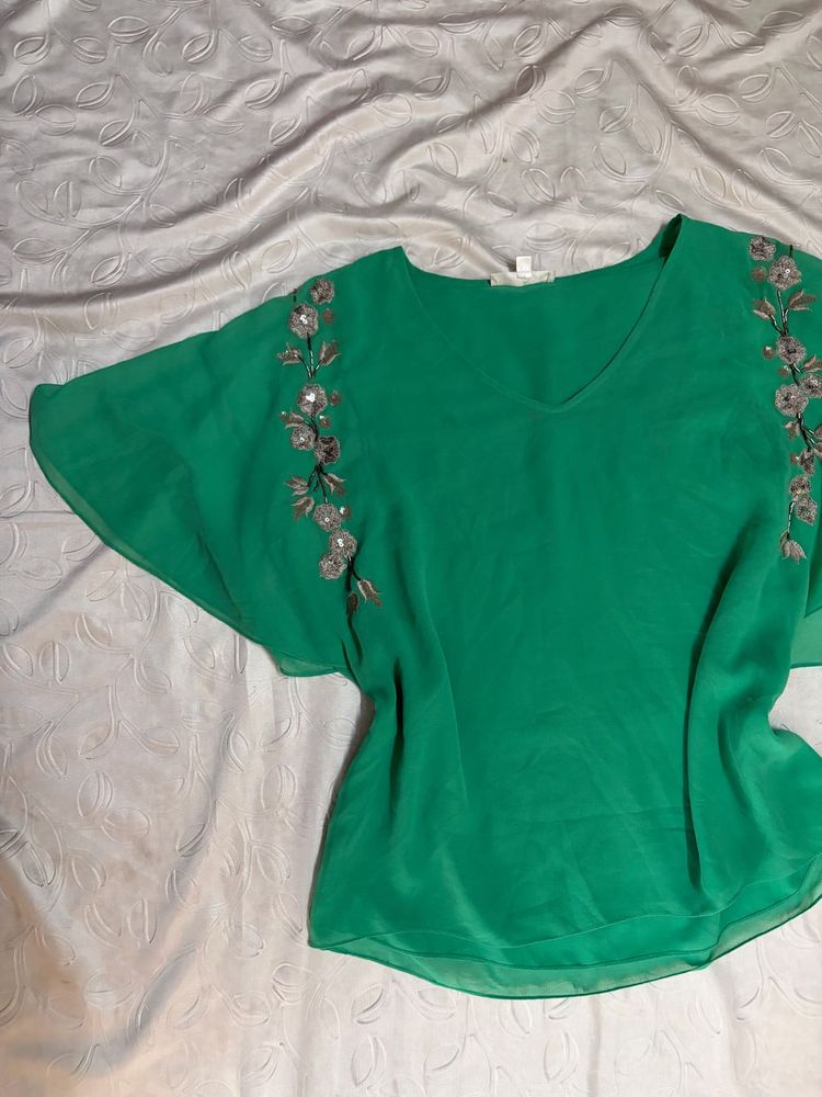 Emerald Green Embellished Flutter Sleeve Top