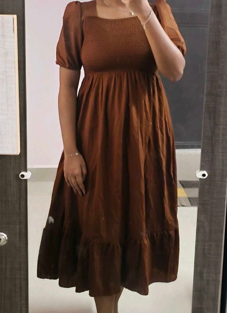Brown Smocked Square Neck Dress