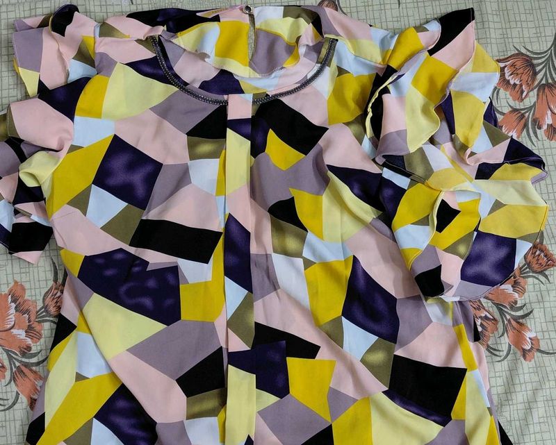 Vibrant Geometric Print Ruffle Top