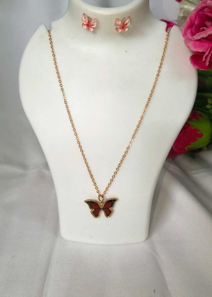 Cute Butterfly Metal Brown Necklace &amp; Earring Set