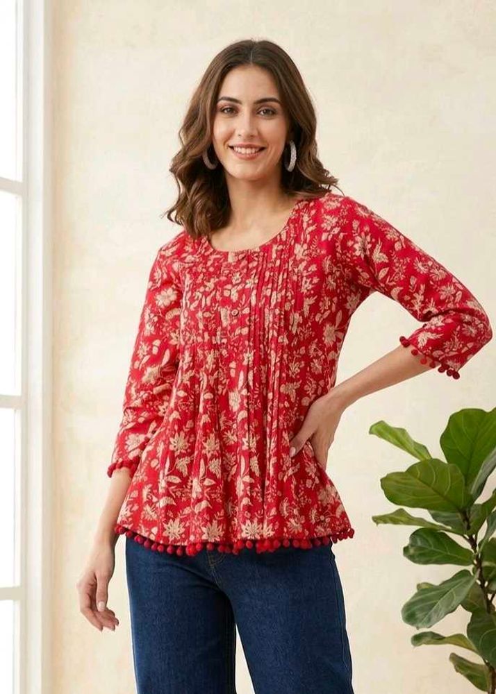Red Floral Print Kurta