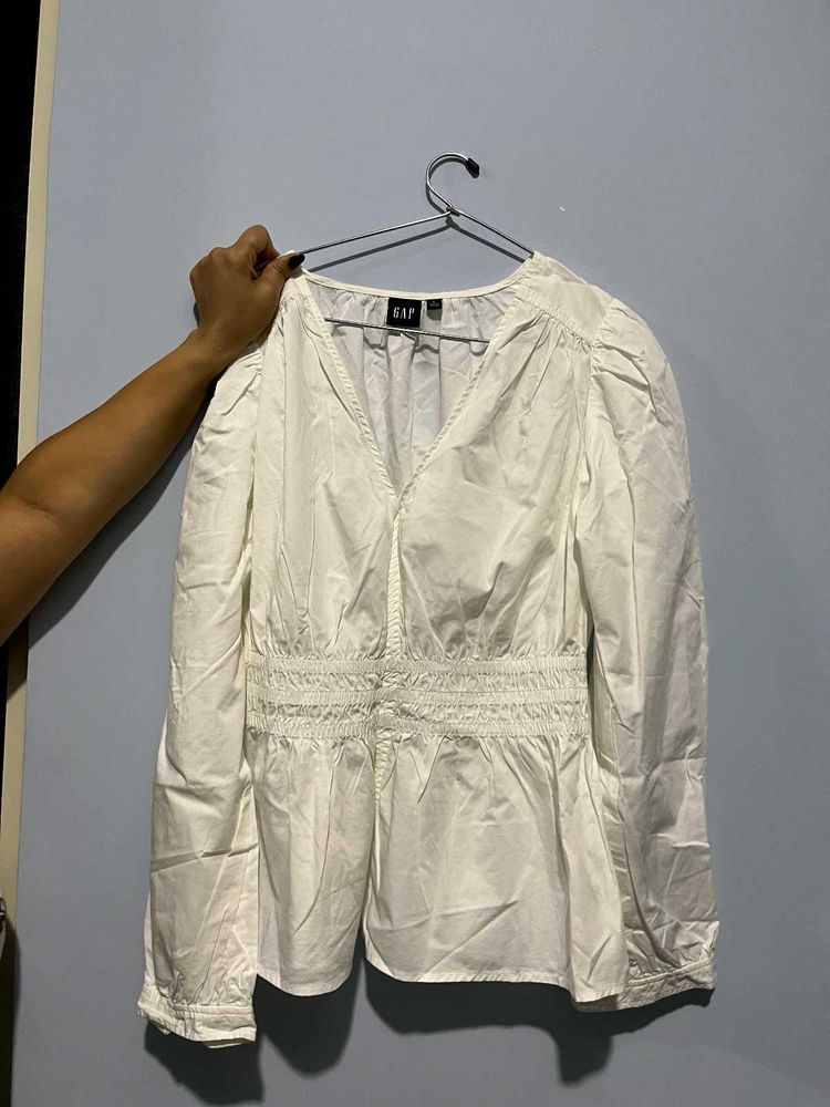 Gap White V-Neck Smocked Waist Blouse