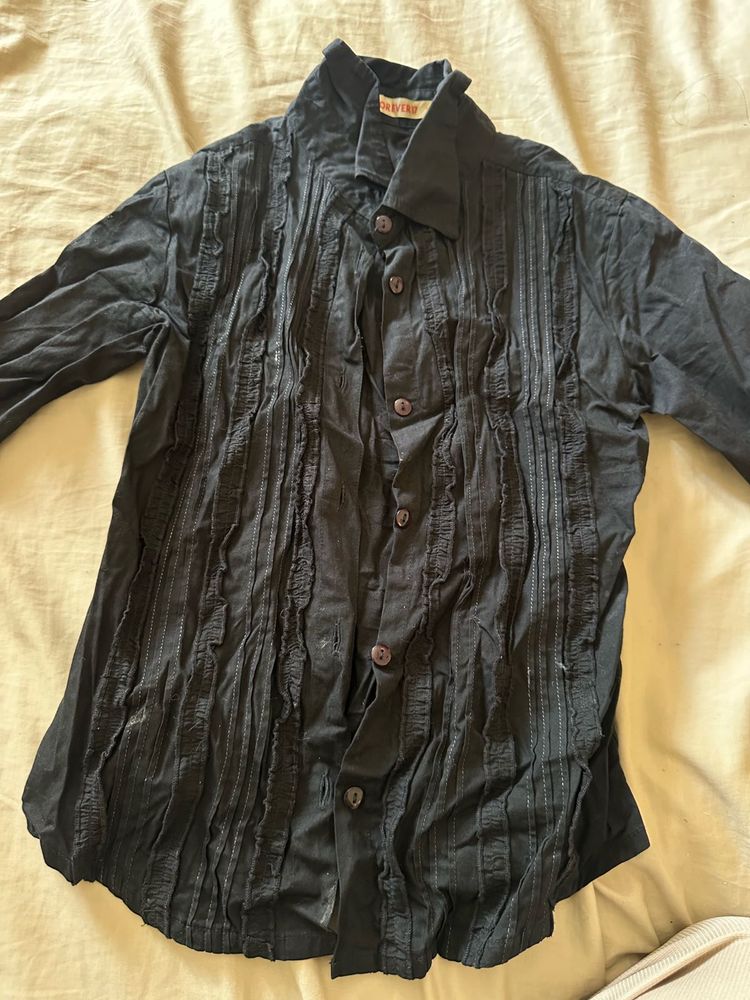 Black Textured Button-Up Shirt- S