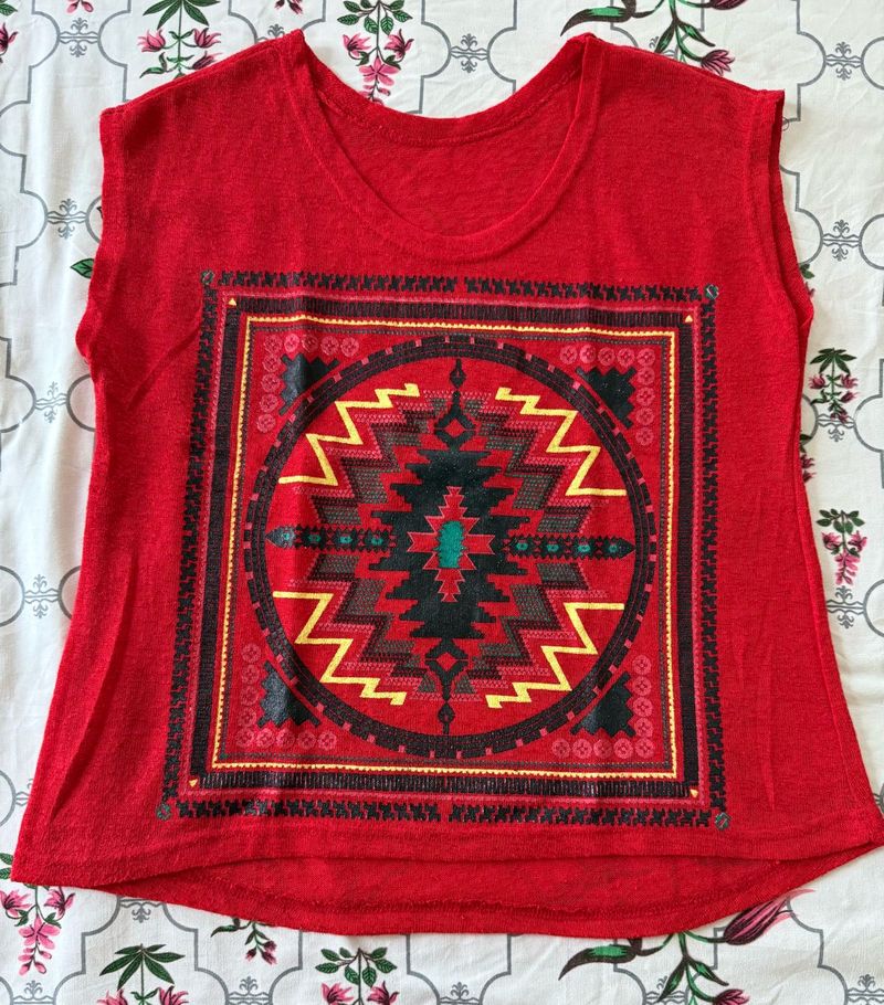 Red Tribal Print Sleeveless crop Top