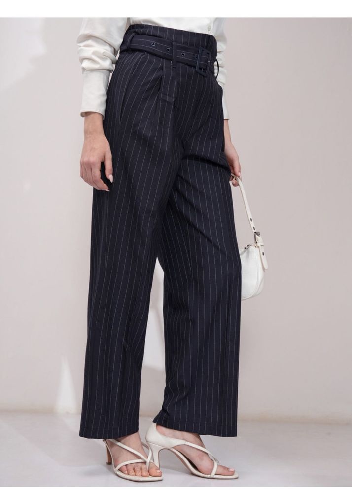 Navy Blue Pinstripe Pleated Trousers