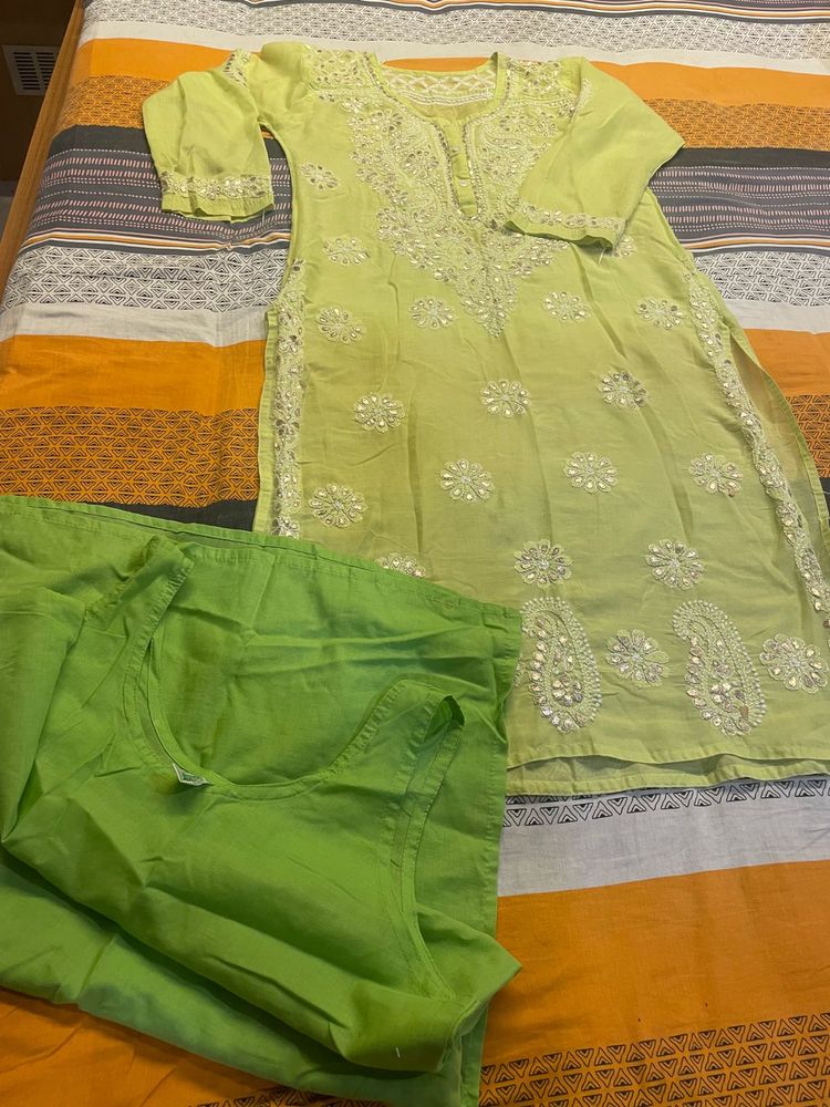 Lime Green Chikankari Kurta Set with matching lini