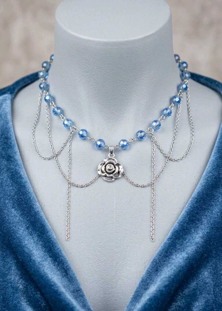 Blue Beaded Rose Pendant Necklace