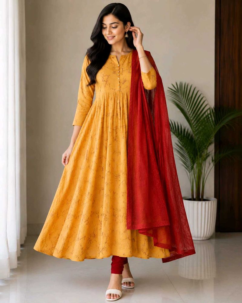 Stylish Yellow Kurta Set with Red Dupatta