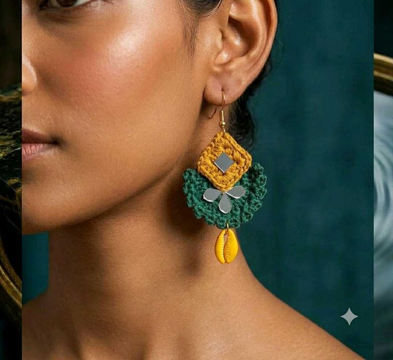 Boho Crochet Earrings with Mirror &amp; Shell