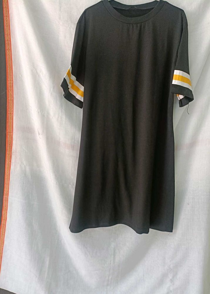 Black T-Shirt Dress with Striped Sleeves