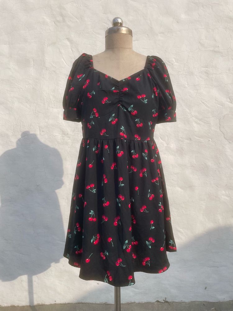 Cute Cherry Print Puff Sleeve Dress