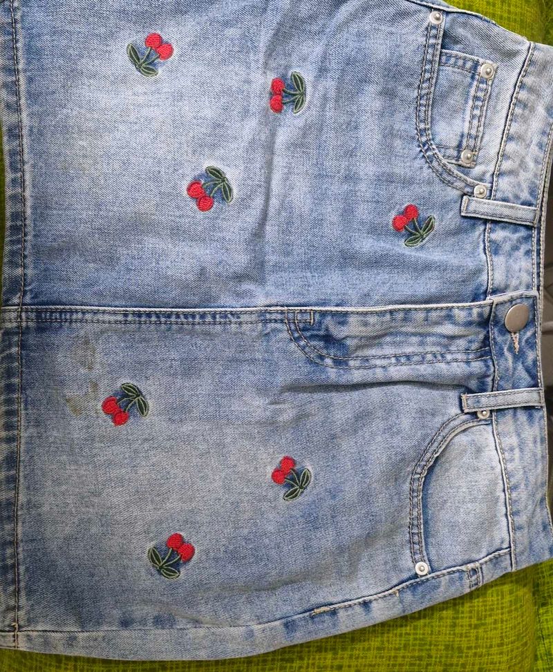 Cute Cherry Embroidered Denim Skirt