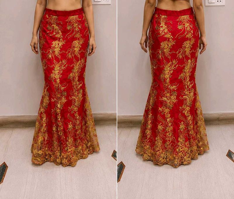 Red &amp; Gold Embroidered Mermaid Skirt