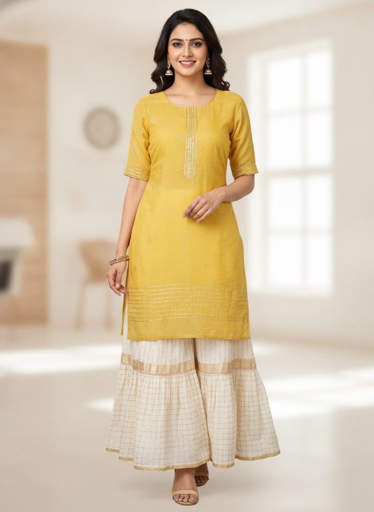 Elegant Yellow Kurta with Cream Skirt