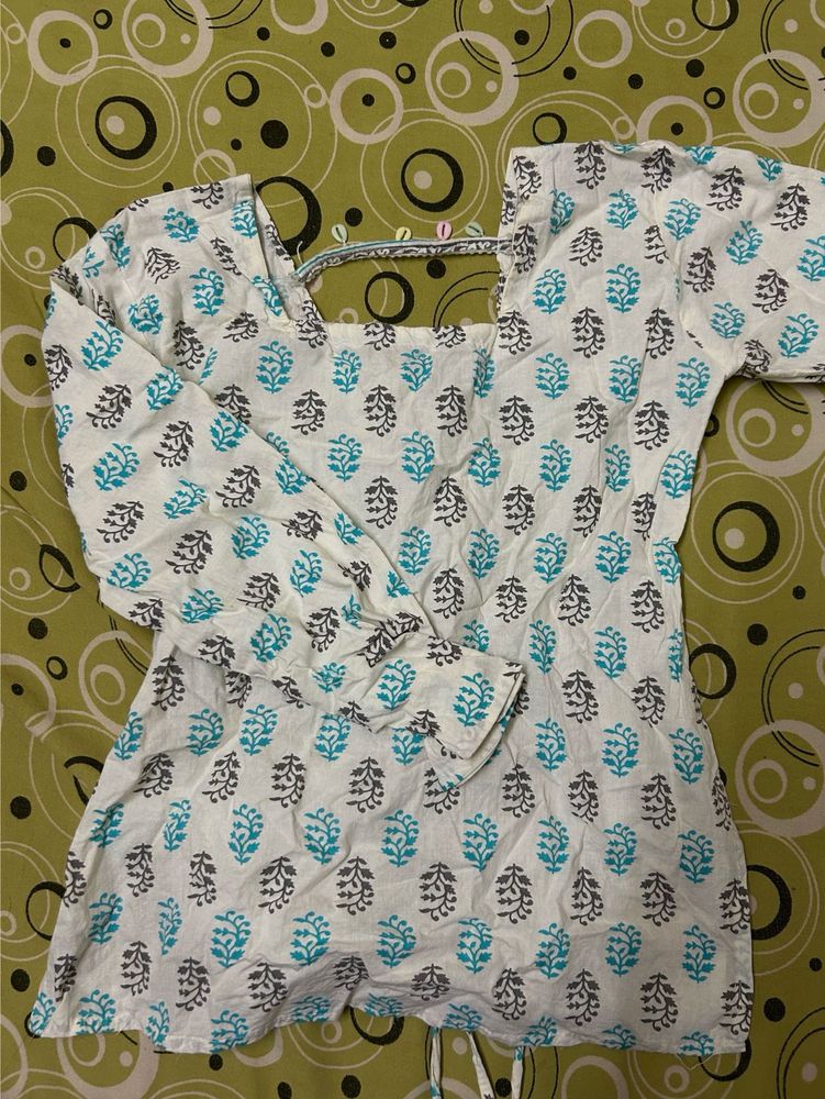 White Kurta with Blue &amp; Grey Print