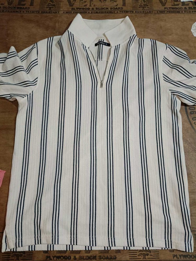 Striped Zip-Neck Polo Top