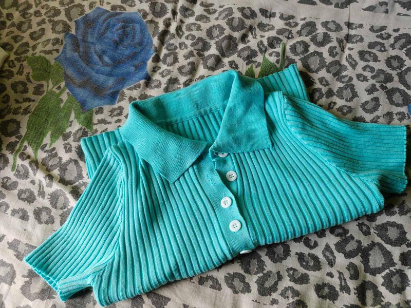 Turquoise Ribbed Collared Top