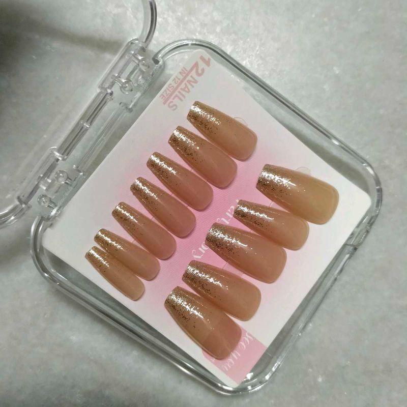 Nude &amp; Gold Glitter Press-On Nails,FIXED PRICE