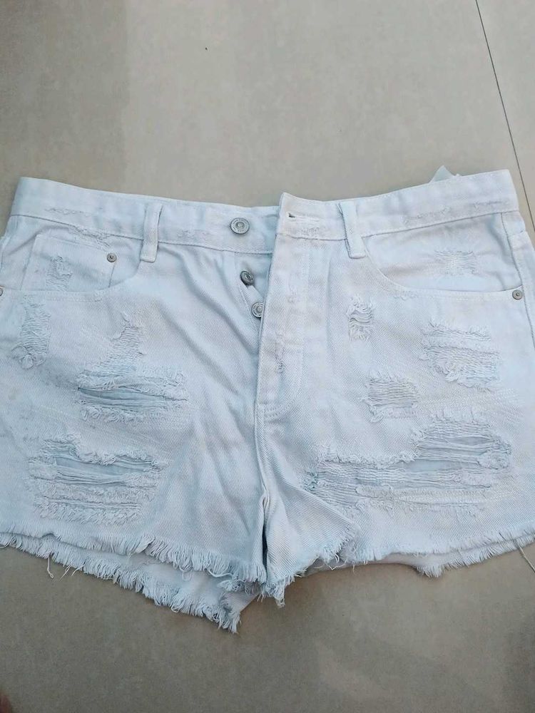 Distressed White Denim Shorts