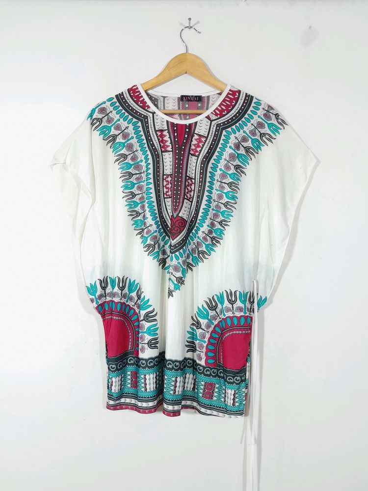 White Multicolor Neckline Kaftan(Women's)