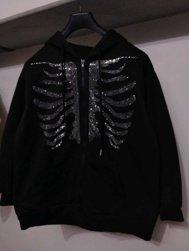 Rhinestone Skeleton Zip-Up Hoodie