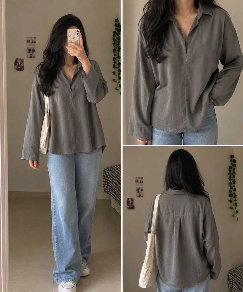Oversized Collared Grey Long Sleeve Shirt