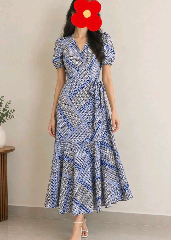 Blue Geometric Print Wrap Dress