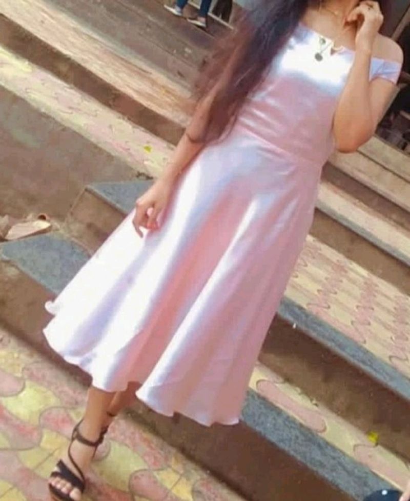 Pink Satin Off-Shoulder Dress