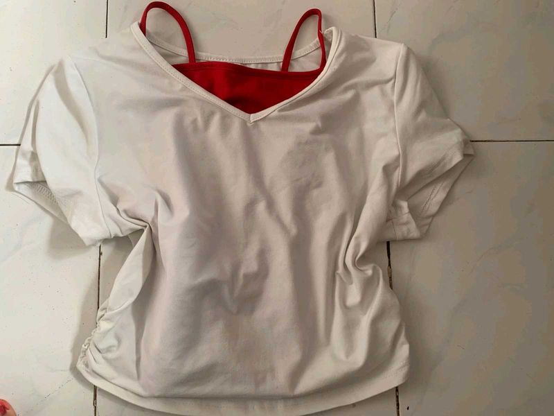 Savana White V-neck ruched top with red camisole
