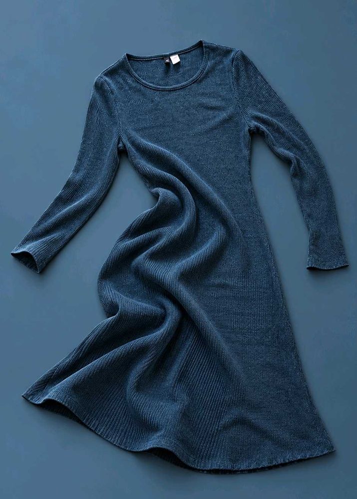 DENIM BLUE RIBBED LONG SLEEVE A-LINE DRESS