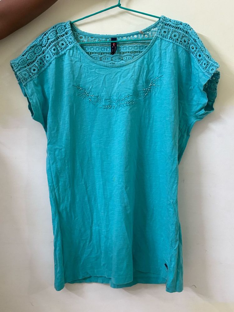 Aqua Green Lace Trim Tunic Top