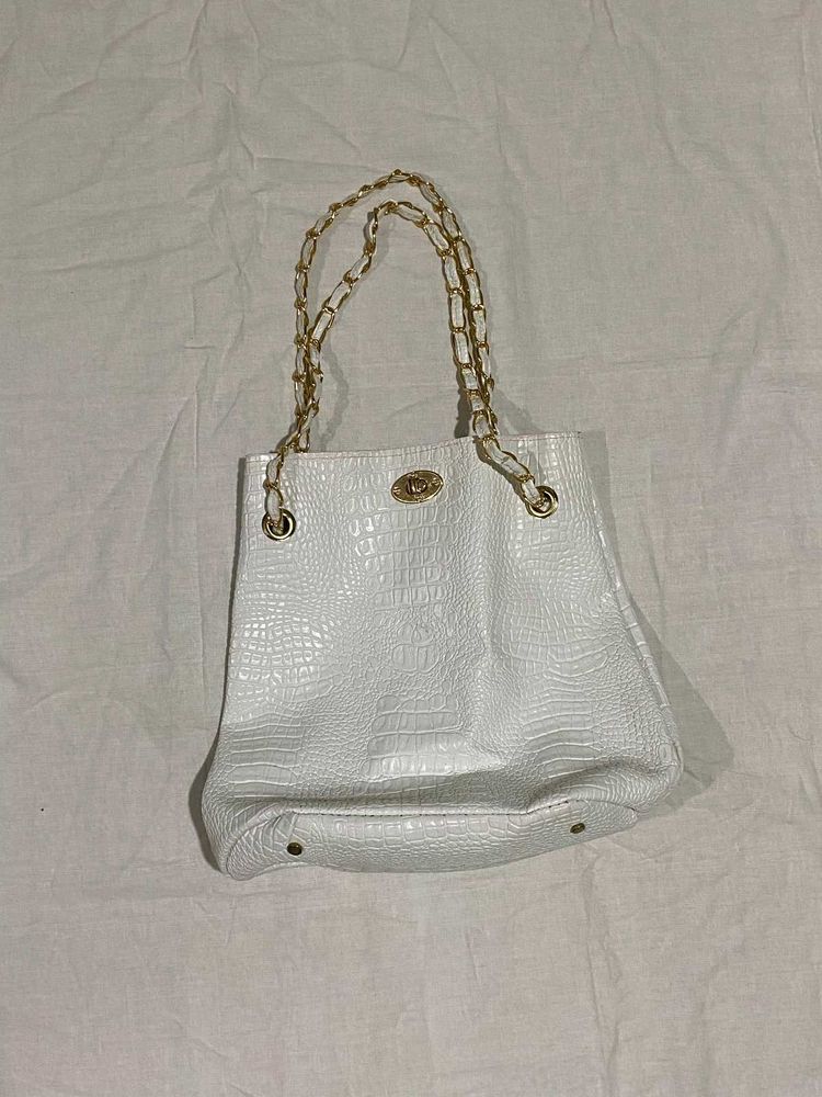 Chic White Croc Embossed Tote Bag