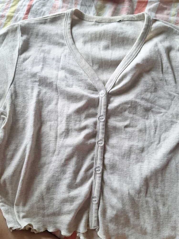 Chic Grey Button-Up V-Neck Top