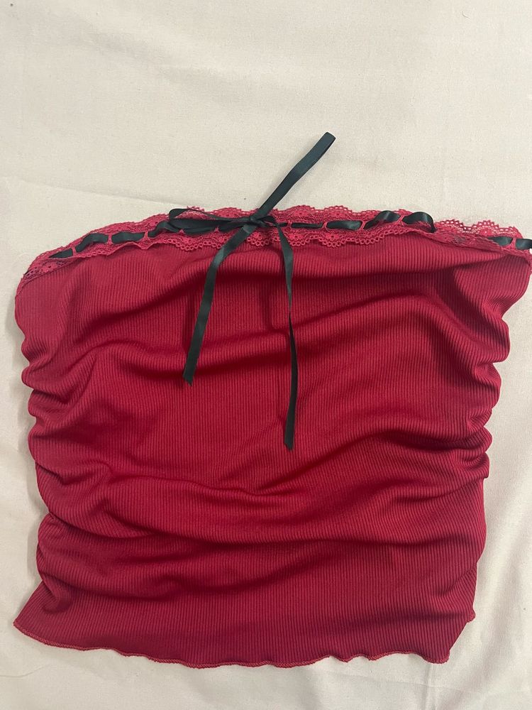 Red Ribbed Tube Top with Black Lace Trim