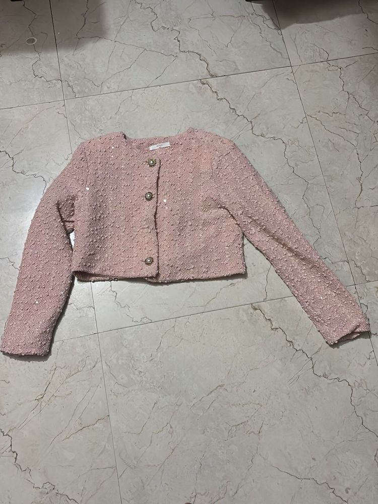 Chic Pink Textured Cropped Jacket