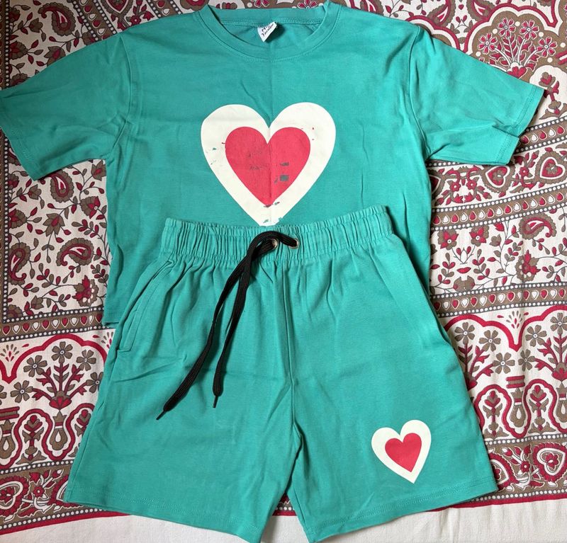Heart Print Teal T-Shirt &amp; Shorts Set