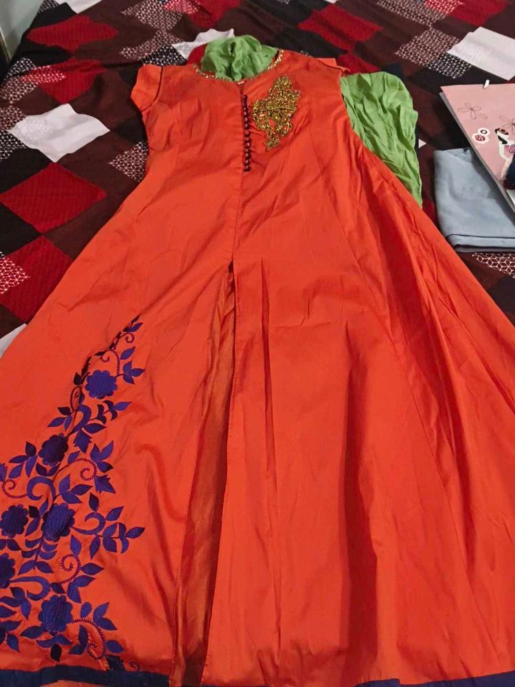 Orange Ethnic Gown with Blue Floral Embroidery