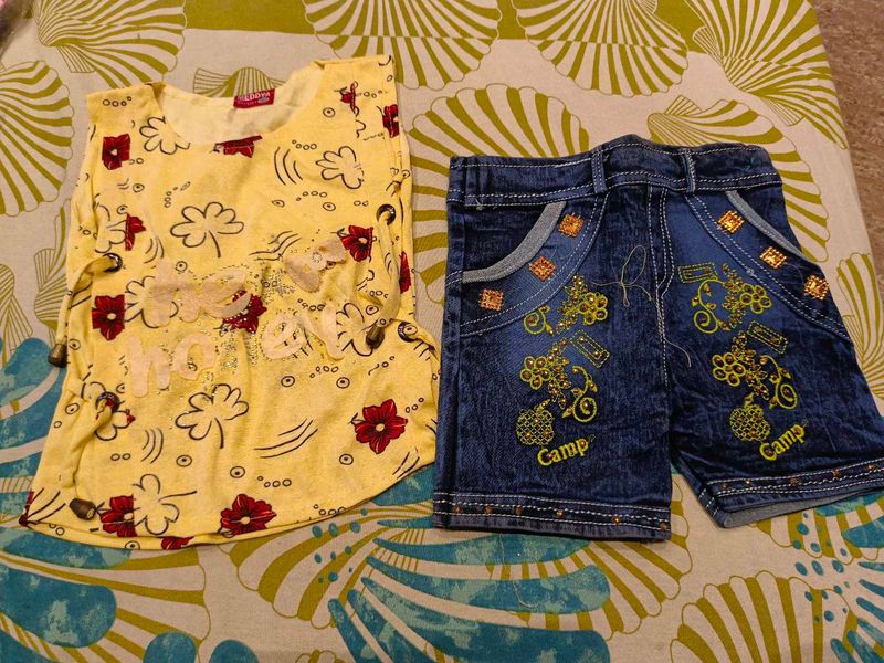 New Cute Yellow Top and Denim Shorts Set