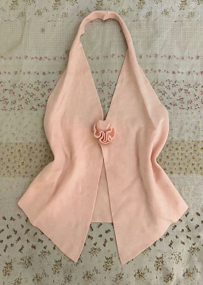 Pink Halter Neck Top with Flower